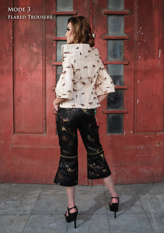 Flared Trousers with Black-gold Floral Jacquard detailed with Zippers, Transformable as Shorts