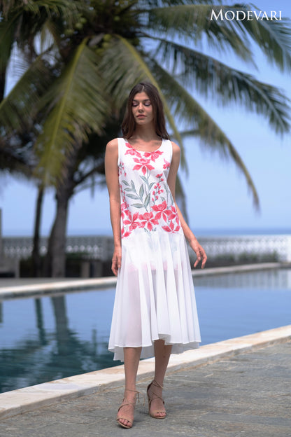 White-pink Scoop Neck Floral Dress with Tulle Drapery