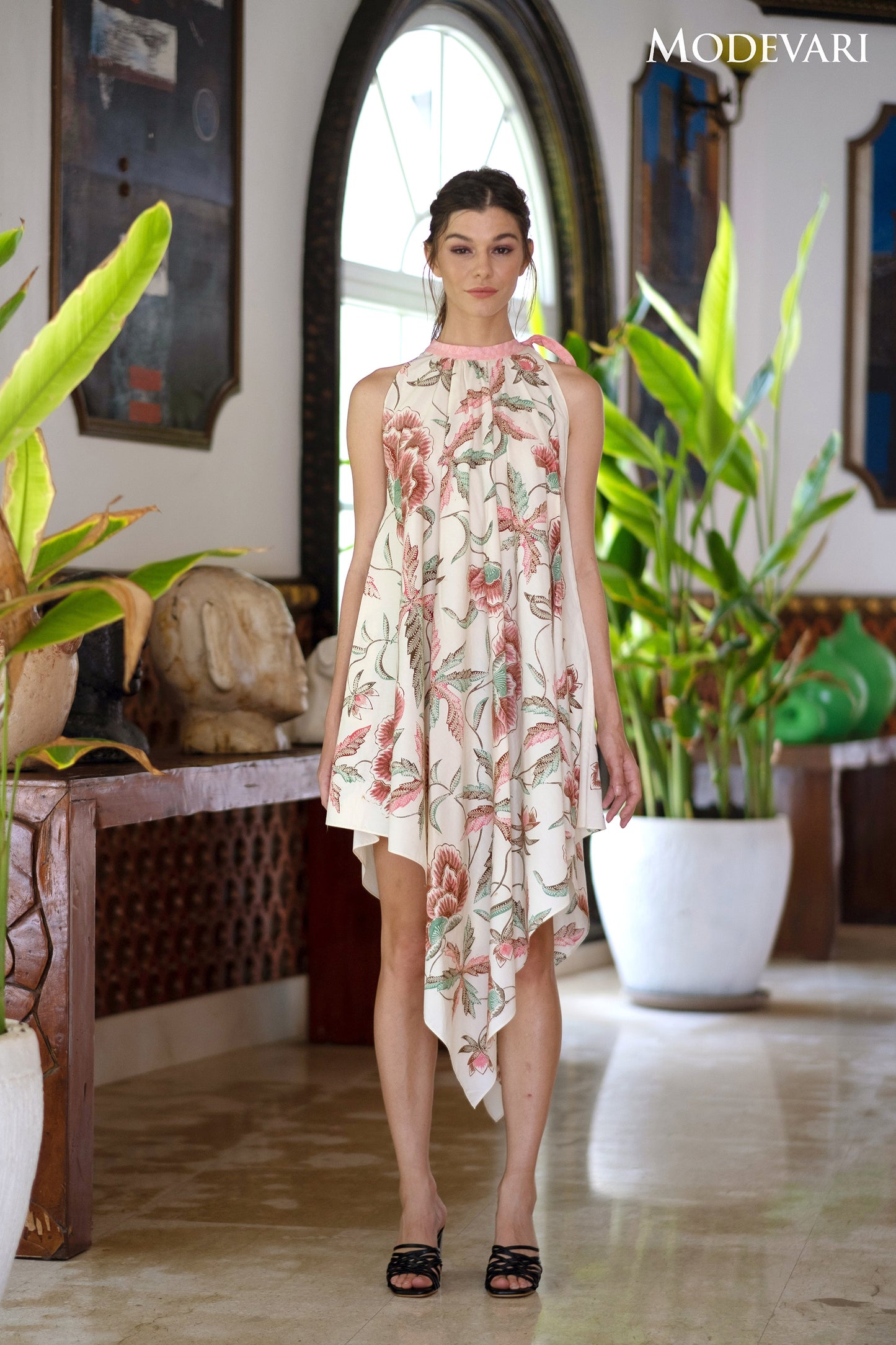 Beige Tie-up Wrap Free-Flowing Drapery Floral Dress