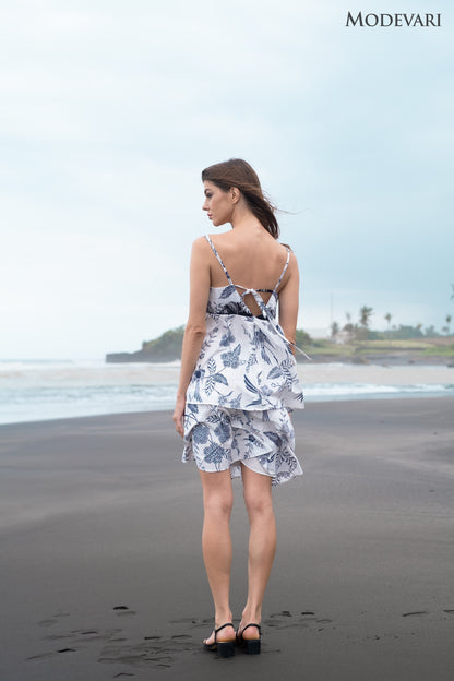 White-navy Floral Babydoll Mini Dress with Black Ruffles Accent