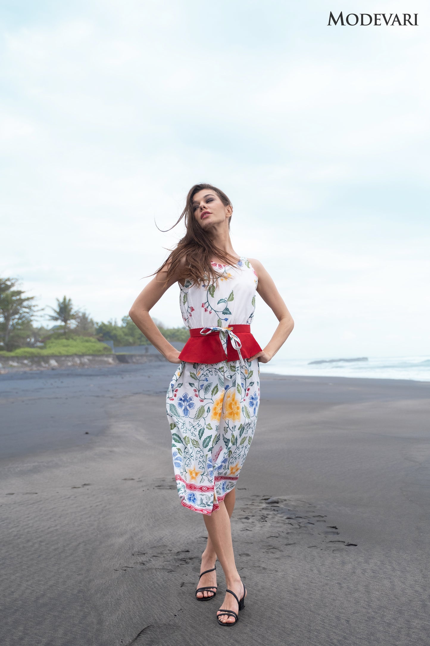 White-red Floral Mini Dress with Red Peplum Belt