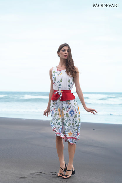 White-red Floral Mini Dress with Red Peplum Belt