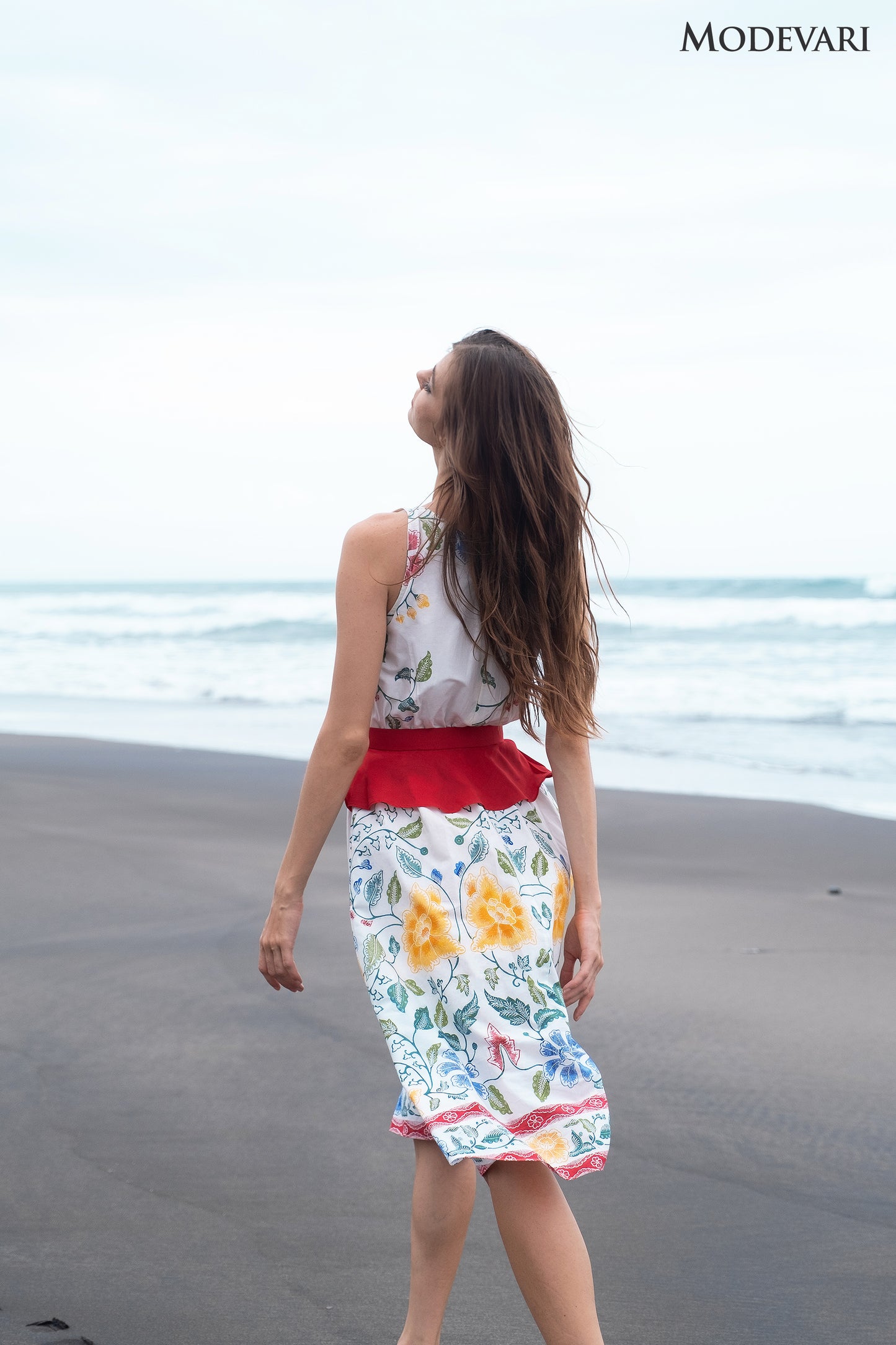 White-red Floral Mini Dress with Red Peplum Belt