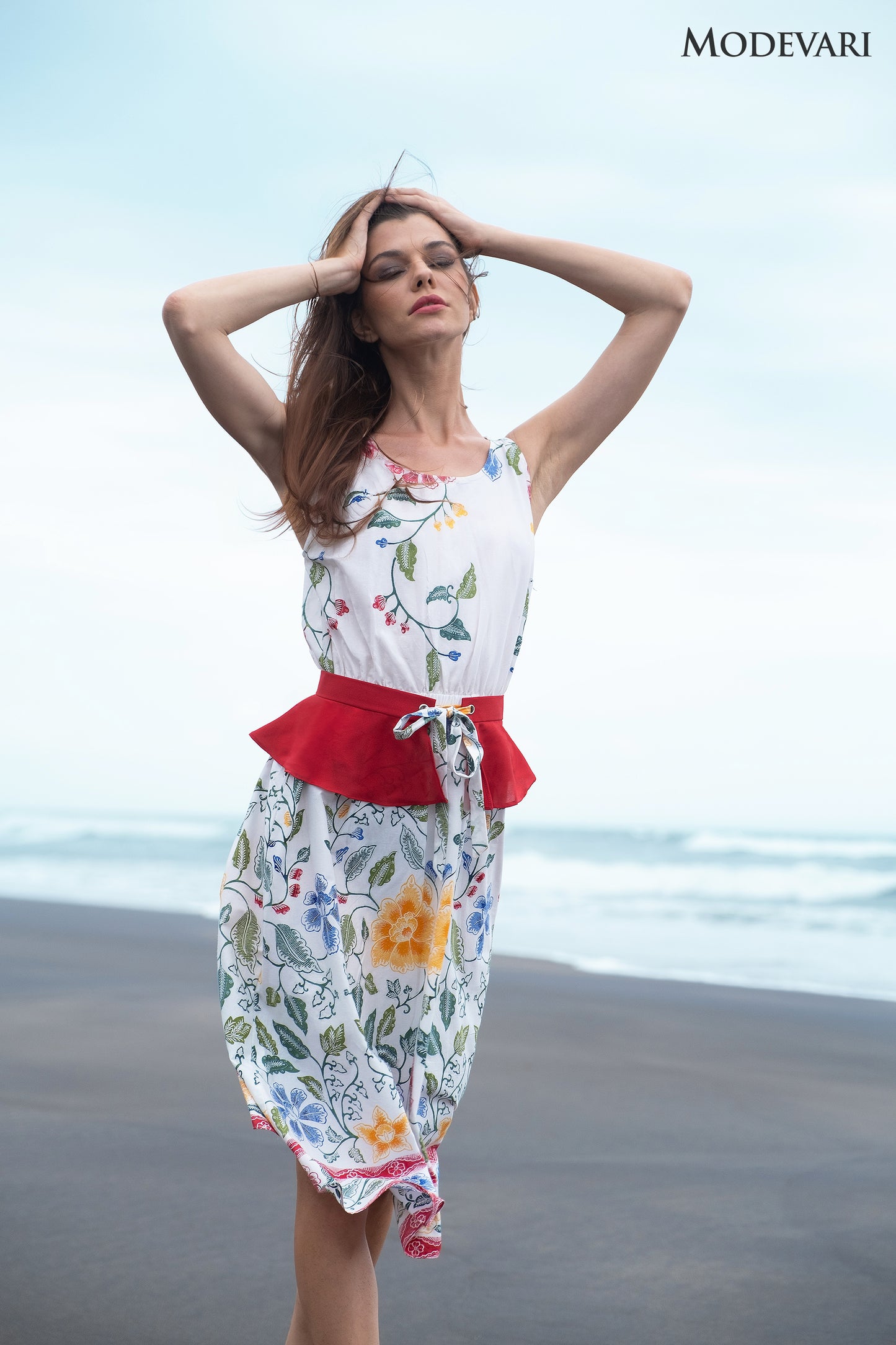 White-red Floral Mini Dress with Red Peplum Belt