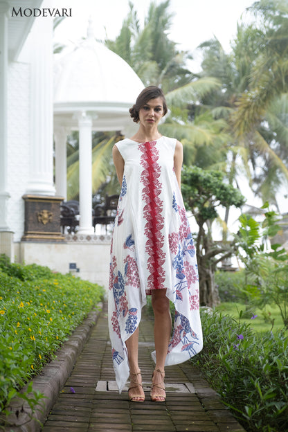 White-blue-red Sleeveless Midaxi Floral Dress with Flowy, Flared Sides