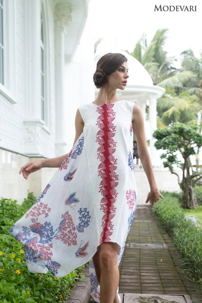 White-blue-red Sleeveless Midaxi Floral Dress with Flowy, Flared Sides