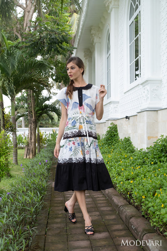 White-black Flared Floral Midi Dress with Peterpan-Collar Design and Adjustable Waist