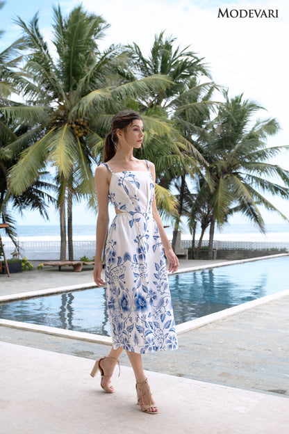 White-blue Sleeveless Floral Midi Dress with Spaghetti Straps, Tie-up Ribbon Open Back, and Flared Skirt