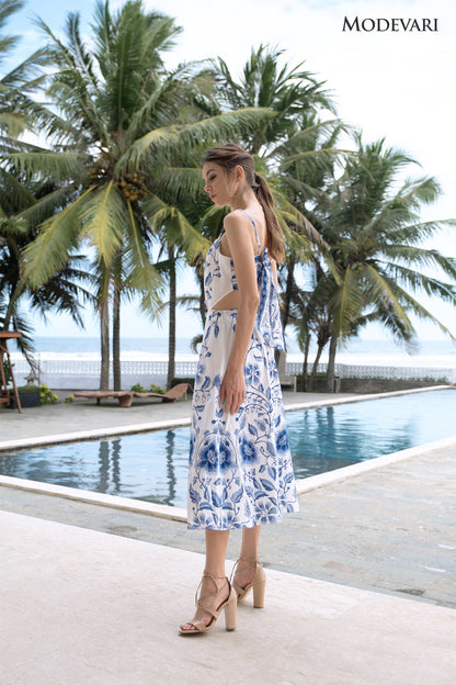 White-blue Sleeveless Floral Midi Dress with Spaghetti Straps, Tie-up Ribbon Open Back, and Flared Skirt