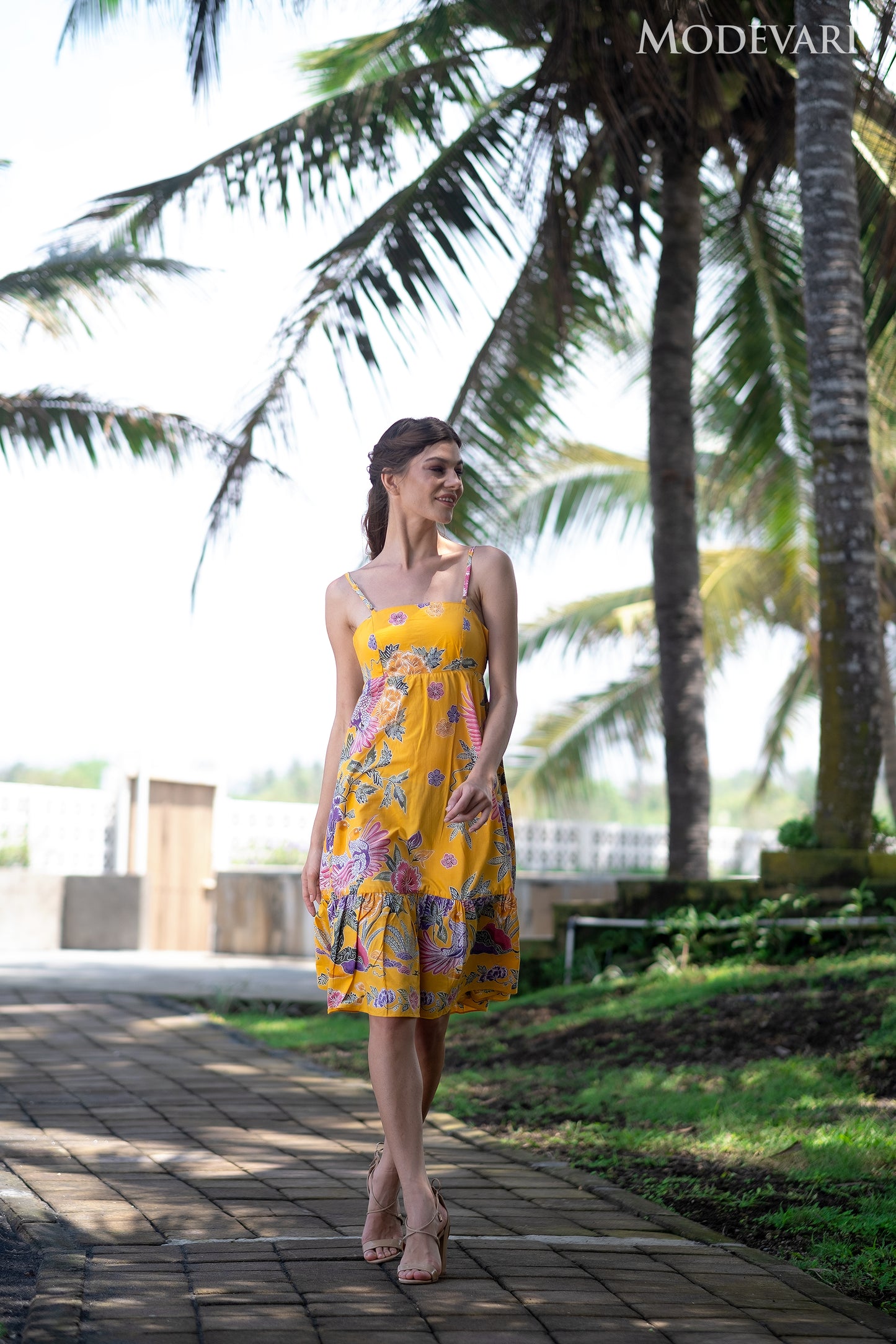 Yellow Floral Babydoll Midi Dress with Ribbon Tie-up Back and Adjustable Straps