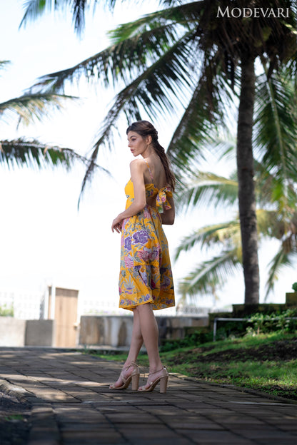 Yellow Floral Babydoll Midi Dress with Ribbon Tie-up Back and Adjustable Straps