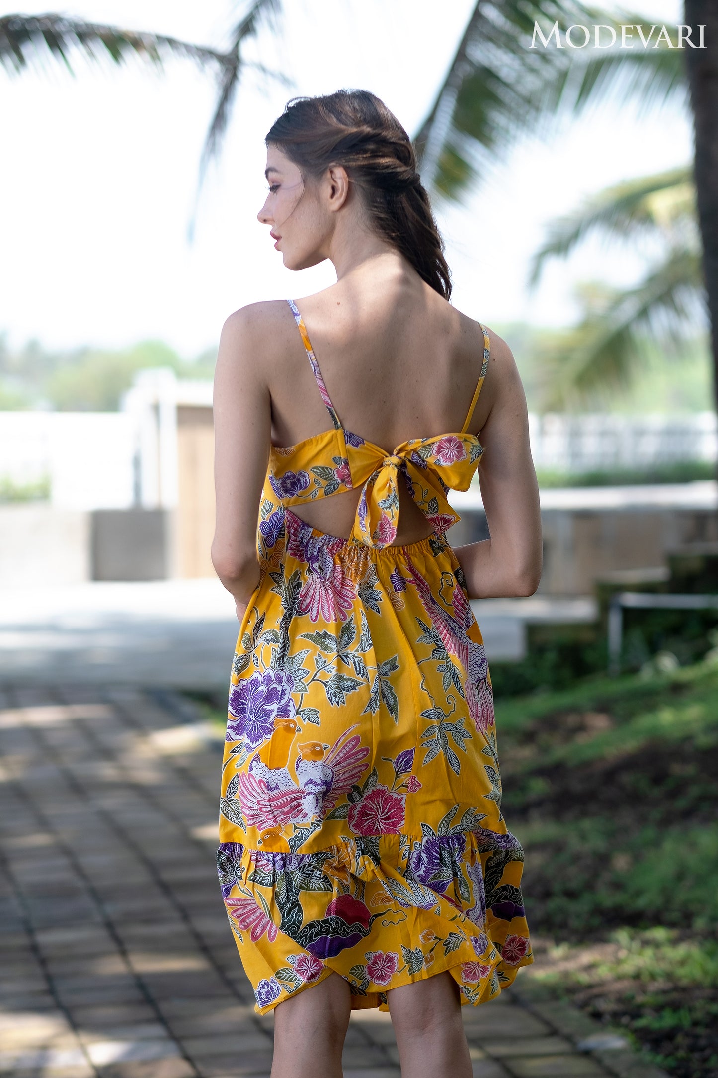 Yellow Floral Babydoll Midi Dress with Ribbon Tie-up Back and Adjustable Straps