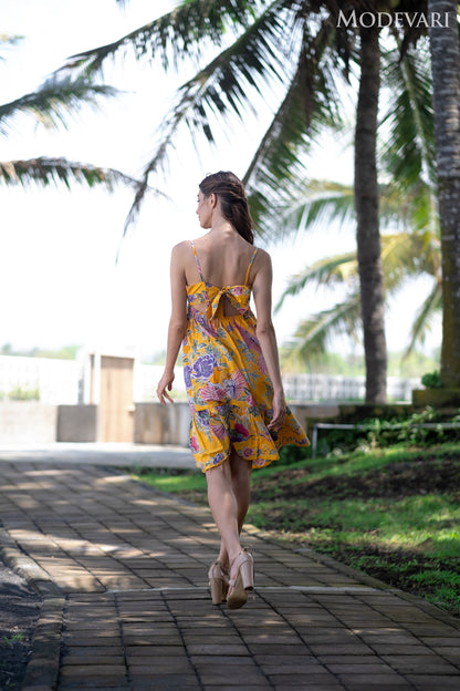 Yellow Floral Babydoll Midi Dress with Ribbon Tie-up Back and Adjustable Straps