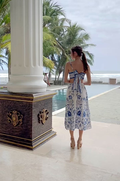 White-blue Sleeveless Floral Midi Dress with Spaghetti Straps, Tie-up Ribbon Open Back, and Flared Skirt